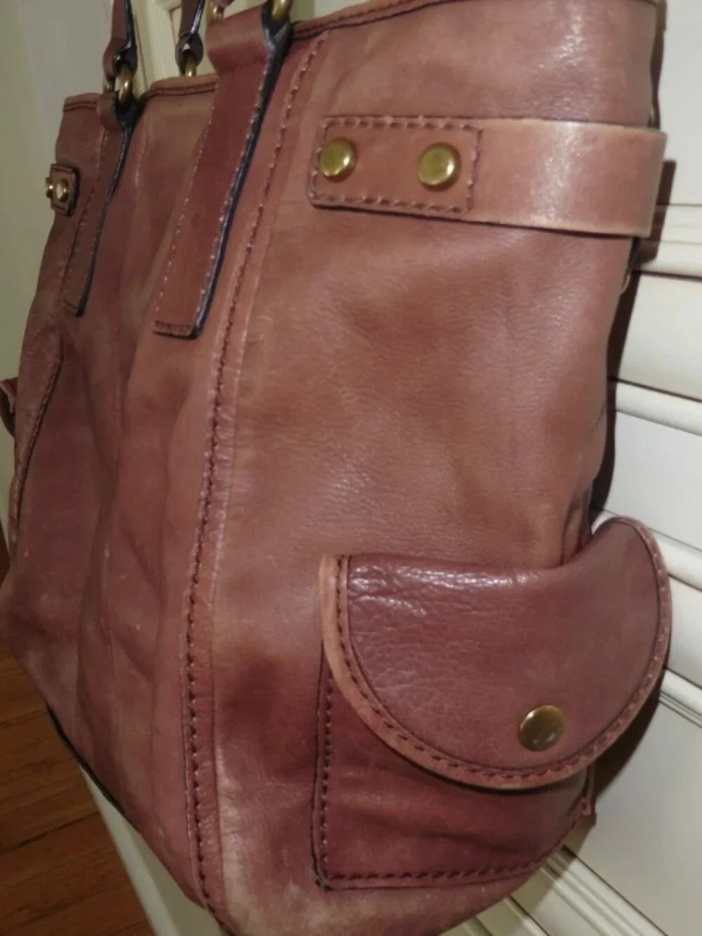 Fossil Large Long Live Vintage Brown Distressed Rustic Worn Leather Bag Purse
